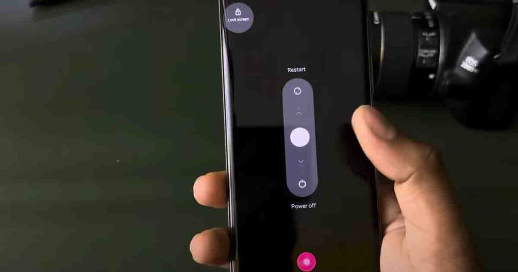 Long Press power Button, swipe down to Power Off and Swipe up to Restart the phone.